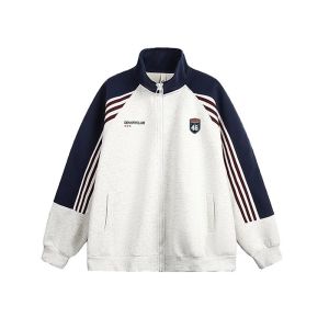 เสื้อแจ็คเก็ตสเวตเตอร์คอตั้งลายทางสีบล็อกสไตล์อเมริกันสำหรับผู้ชาย ทรงหลวม ลำลอง หลากหลายกีฬา เสื้อแจ็คเก็ตผ้าคอตตอนอวกาศ