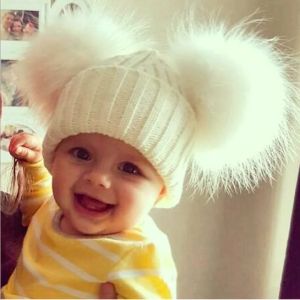 Winter Baby Knit Hat with Two Fur Pompoms Double Real Fur Pom Pom Hat for Children Boy Girls Natural Fur Ball Beanie Kids Caps