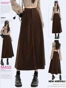 Khaki High Waist Midi Skirt Womens Autumn Winter plus Size Corduroy Pleated A-Line Umbrella Skirt Slimming Commute Style