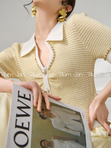Slim Fit Short Sleeve Knitwear Womens Style Summer Thin French Collar Color Block Commute Fashion Korean Version Polyester Fiber