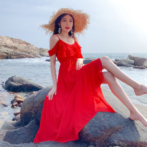 Váy Dài Đến Đầu Gối Màu Đỏ Cát Sa Mạc Chụp Ảnh Du Lịch Biển Váy Đi Biển Phong Cách Bohemian Tay Không Cổ Tròn Váy Dài Mùa Hè