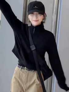 เสื้อแจ็คเก็ตฮู้ดสั้นสีดำ ทรงตรง แขนยาว คอตั้ง ซิป สำหรับผู้หญิง ฤดูใบไม้ร่วง 2025 แฟชั่นใหม่ เสื้อคลุมคาร์ดิแกน