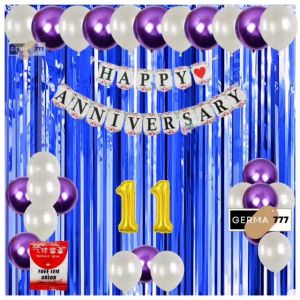 Set Dekorasi Pesta Balon Ulang Tahun Pernikahan Banner Happy Anniversary Putih Tirai Biru Tua