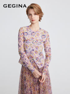 GEGINA Summer New V-neck Slim Fit Floral Print T-shirt Womens Fashionable Short Sleeve Long Sleeve Top Commute OL Style