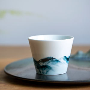 Handmade Ceramic Coffee Cup Chinese Style Water Ink Sketch Latte Art Cup Casual Drinking Cup for Living Room Study Tea Room Restaurant