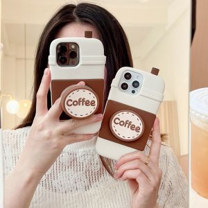 Korean Style Coffee Cup Phone Case For iPhone 17 16 15 14 13 12 Pro Max 17 Pro 14 15 Plus Grip Top Holder Soft Silicone Cover