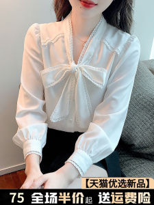 เสื้อเชิ้ตผ้าชีฟองสีขาวสำหรับผู้หญิง ทรงหลวม คอวี แขนยาว ปิดด้วยกระดุม ดีไซน์เรียบง่าย สไตล์เกาหลี เสื้อผ้าทำงาน