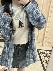 Blue Plaid Sun Protection Shirt Outerwear Early Spring Womens POLO Collar Open Cardigan Top Outdoor Wear New Arrival