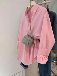French Style Pink Shirt Women Early Autumn New Sun Protection Outerwear Small Size High End Autumn Spring Top Commute Style Loose Fit Long Sleeve Polo Collar