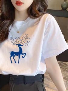 LINGLONGDAI | White Cotton T-Shirt Womens Loose Round Neck Short Sleeve Cartoon Print Retro Top Comfortable Breathable Summer Fashion