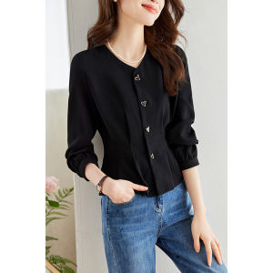 New Fashionable French Elegant V-Neck Metal Buckle Waist-Hugging Long Sleeve Top