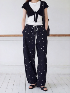 Fano | 100 Percent Cotton Polka Dot French Style Wide Leg Pants