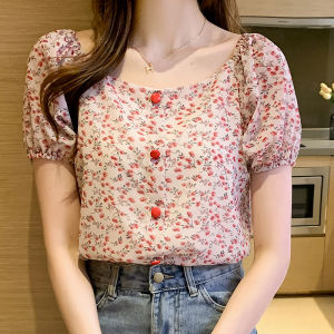 เสื้อเชิ้ตผ้าชีฟองลายดอกไม้ทรงเข้ารูปสไตล์หวาน คอกว้าง แขนสั้น ปกปิดหน้าท้อง แฟชั่นฤดูร้อนสำหรับผู้หญิง