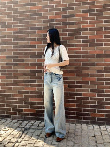Spring 2024 Womens Distressed Denim Pants Resin Texture Design Versatile Straight Leg Jeans Natural Waist Long Trousers