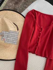 สั้นสีแดง แขนกุด สลิมฟิต ผู้หญิง คาร์ดิเกน เสื้อโค้ท ฟิล์มวินเทจ สีขาว เพิ่มประสิทธิภาพ กระดุมแถวเดียว Crewneck ฤดูใบไม้ผลิ ฤดูร้อน ใหม่