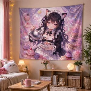VIKAMA Mèo Hồng Người Giúp Việc Anime Tấm Thảm Kawaii Thẩm Mỹ Hoa Treo Tường Chăn Cho Bé Gái Phòng Ngủ Ký Túc Xá Trang Trí Polyester