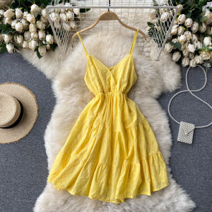 Sweet Lace Trimmed V-Neck Vacation Dress Womens High Waist Short Beach Skirt Korean Style A-Line Dress Casual Commute