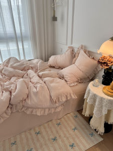 Girls Heart Creamy Powdered Yolk Washed Cotton Bedding Set Dormitory Bed Sheet Three Piece Set Floral Lace Quilt Cover Four Piece Set