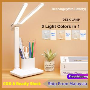 Led table lamp light for study lampu meja belajar light led table desk lamp for study student bedroom room led clock dispaly rechargeable reading lamp with pen holder 2 heads 180° rotate stepless dimming 3 light color in 1 lamp 桌灯 台灯 书灯