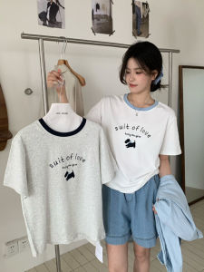 Korean Style Cartoon Embroidered Letter Dog Short Sleeve Cotton T-Shirt Womens White Blue Color Block Versatile Youthful Top