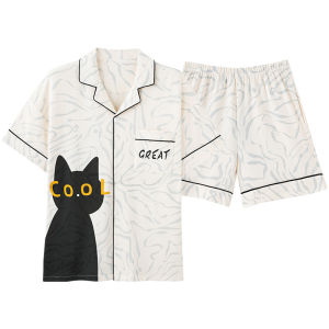 Miiow | Pure Cotton Loose Fit Short Sleeve Pajamas For Couples Summer Casual Wear Home Clothes Cat And Human Cartoon Print Sleepwear