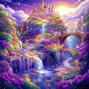 HUACAN Kim Cương Khảm Láng Sáng Phong Cảnh Lâu Đài Trọn Bộ Kim Cương Thêu Thác Nước Tưởng Tượng Trang Trí Nhà Đá Pha Lê Hình Ảnh - Phong Cách Hiện Đại Nhựa