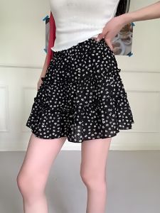 Váy Ngắn Chữ a Màu Đen Họa Tiết Hoa Chiffon Cạp Cao Mùa Hè Cho Nữ Váy Midi Che Mông Váy Ngắn Chữ a Phong Cách Hàn Quốc