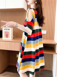 plus Size Womens Shoulder Bared Striped Short Sleeve T Shirt Loose Midi Dress Style Casual Comfortable Fit for Summer