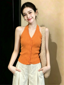 PEIXI | Bright Orange V-Neck Halter Sleeveless Knit Top