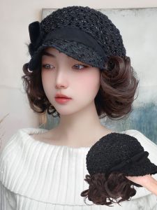 Natural Looking Womens Wig Hat Fashionable Lace Design Full Head Cover Style Artificial Short Curly Hair for Covering Gray Hair