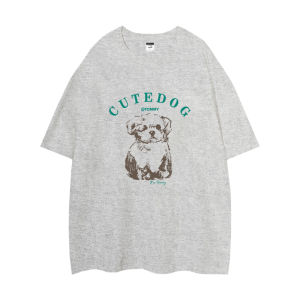 Summer Unique Beautiful Short Sleeve T-Shirt Womens Sweet Japanese Style Cartoon Dog Print Loose Fit Cotton round Neck Top