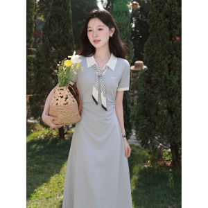 Đầm Hè Elegance Irregular Cinching eo màu xanh sương mù