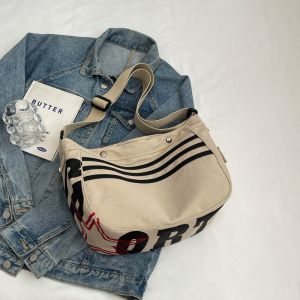 Casual Stripe Canvas Shoulder Bag Womens Oxford Cloth Dumpling Bag Commuter Tote Bag Fashionable Summer 2024 Zipper Closure