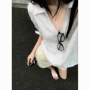 French Elegant Striped Long Sleeve Womens Summer New Loose Zipper Thin Shirt Sun Protection Fashionable Casual Top