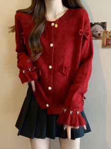 เสื้อสเวตเตอร์คาร์ดิแกนสีแดงสำหรับผู้หญิง ทรงหลวม แขนยาว ปกติ คอตั้ง ปุ่ม ดีไซน์ผีเสื้อ แฟชั่นฤดูใบไม้ร่วง/ฤดูหนาว