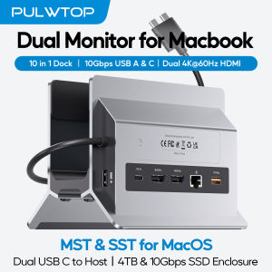 PULWTOP MacBook Docking Station Dual Monitor with 2 HDMI 4K60Hz USB A/C 10Gbps PD Ethernet for MacBook Pro Air M3 M4 M5