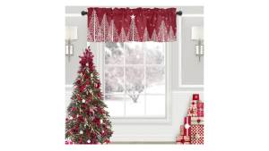 ALAGEO Christmas Tree Valances Windows Curtain Winter Snowscape Red Kitchen Valances Rod Pocket Window Treatment Short Topper Curtains for Winter Holiday Christmas Decorations 1 Panel54 by 18 inches