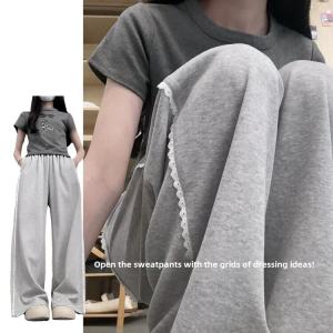 Summer New Womens High Waist Loose Wide Leg Pants Lace Patchwork Sporty Floor-Length Trousers Casual Commute Style Polyester Fiber
