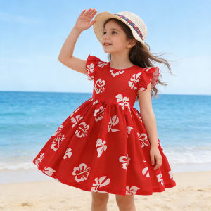 Girl Dresses Short Sleeve Summer Dress Flower Printed Hawaiian Vacation Beachwear Red Dress Outfits Bonfire Girls Party Dresses