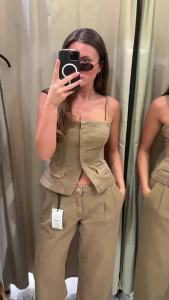 Y2k Womens Chest Wrap Vest Pant Suit 2026 Slim Sleeveless Cowboy Top High Waist Button Jeans Female Sets Fashion Solid Lady Set