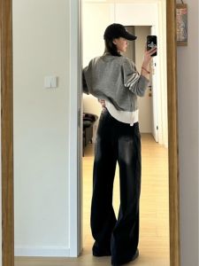 Quần Jeans Ống Rộng Cạp Cao Cho Nữ Quần Dài Đến Sàn Ống Thẳng Màu Đen Xám Quần Jeans Denim Thường Ngày Cho Nữ