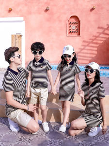 Fashionable Family Matching Clothes Cotton Polo Shirt And Dress for Mom Daughter Cute Striped Design Summer Casual Wear