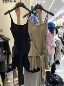 Korean Style Summer Elegant Simple Net Version Knot Waist Slimming Strap Dress Women High Waist Cotton Short Skirt A-Line Dress