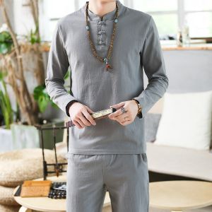 Chinese Style Tang Suit Set Mens Retro Fashion Outerwear Hanfu Trendy Brand Jacket Coat Button Decorated Casual Leisure Wear