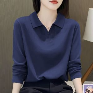 Slimming Effect Loose Fit Long Sleeve Polo Shirt Collared Cotton T-Shirt Womens plus Size Fashionable Spring Autumn Top