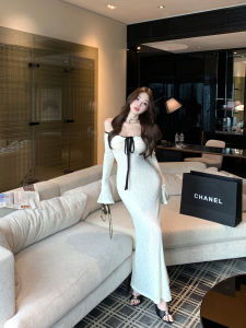 French Style Bell Sleeve One Shoulder Dress Womens Fashion Autumn Butterfly Knot Belted Wrap Skirt Long Dress Girls Dress