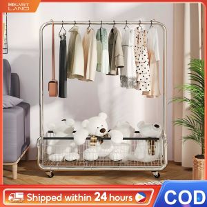 SPACEMADER Heavy Duty Clothes Rack Floor-Standing Drying Rack with Wheels Bedroom Clothing Rack Laundry Storage Rack Indoor Outdoor