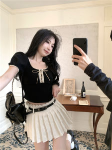 Áo Thun Nữ Tay Ngắn Ôm Vừa Vặn Màu Tương Phản Thắt Nơ Cổ Tròn Mùa Hè 2025 Phong Cách Mới Tay Ngắn Thanh Lịch