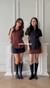 Blus Wanita Striped Elegan Lengan Pendek dengan Potongan Curve dan Kancing Belakang