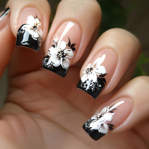 Bộ Móng Tay Giả Acrylic Ngắn Trung Bình Kiểu Pháp Hình Vuông Họa Tiết Hoa Đen Trắng Đính Kim Tuyến Dành Cho Nữ Và Bé Gái 24 Móng/bộ Dùng Cho Tiệc Tùng